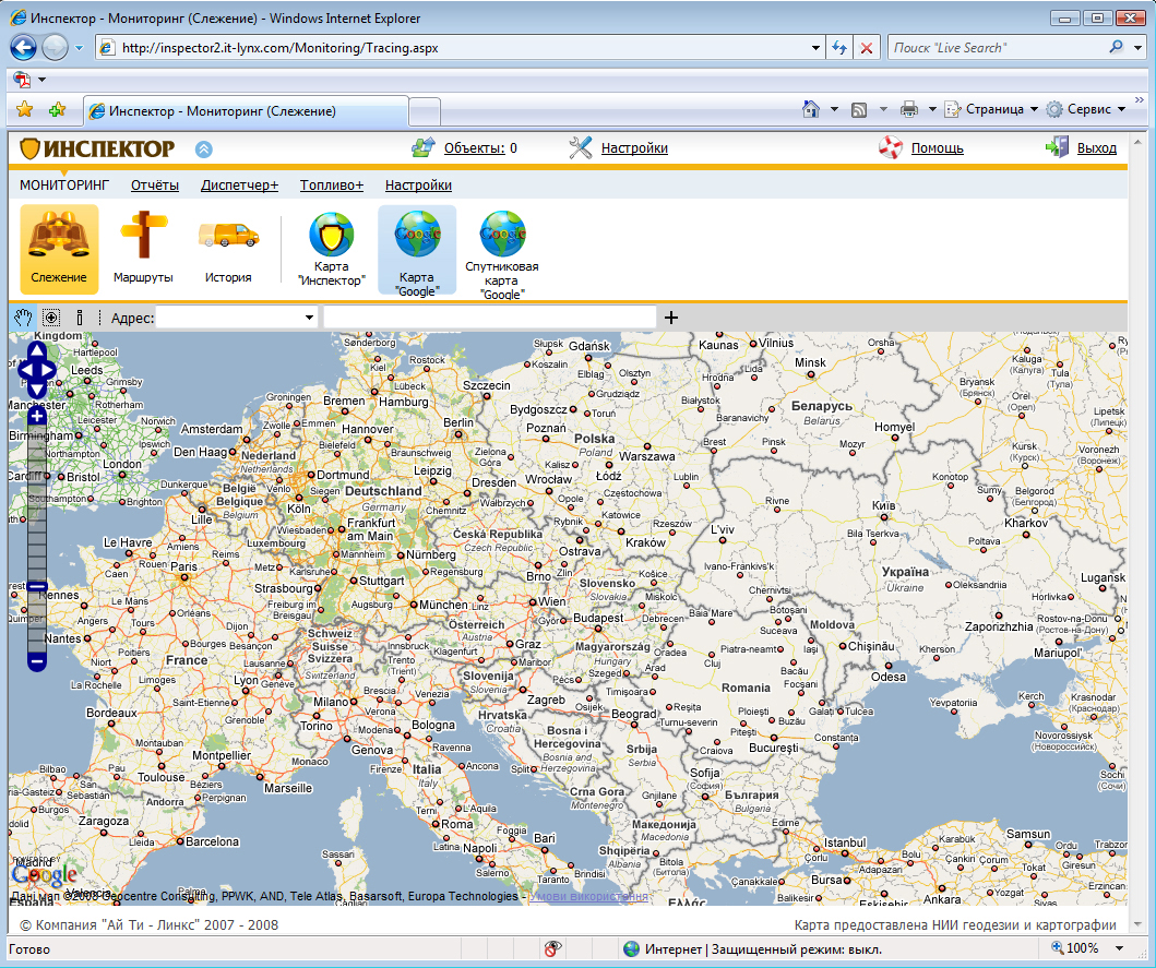 Карта Google - система GPS мониторинга Инспектор (вторая версия)