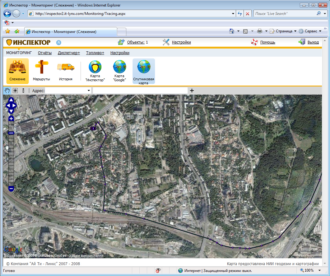 Карта Google спутниковая - система GPS мониторинга Инспектор (вторая версия)